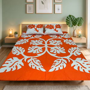 Hermosa ropa de cama con estampado de Color naranja Hawaiano, Sábana de cama Queen, Sábana de algodón puro con lavado de agua fría para dormitorio - Product Image 3