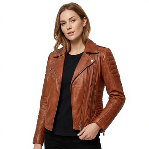 Chaqueta de Motociclista de Cuero Genuino para Mujer, Corte Ajustado, Cierre de Cremallera, Manga Larga, Cuello Alto, para Otoño - Product Image 4