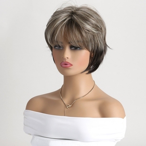 วิกผมสั้นขายดี พร้อมหน้าม้า สีน้ำตาลเข้มผสมบลอนด์ <span class=keywords><strong>ทรง</strong></span>พิกซี่คัท สำหรับผู้หญิง วิกผมใยสังเคราะห์ตรง มี 3 สี - Product Image 4