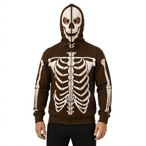 Custom Skeleton Zip Up Hoodie Men's Gothic Skull Bone Print Sweatshirt Halloween Costume <b>Jacket</b> Brown Streetwear Graphic Hoodie - Product Image 1