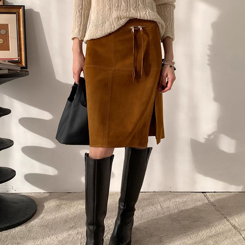 5402 Autumn and Winter Unique Design Knee Length Tassels Zipper Tassel Side Slit Hip Hugging Half Body Leather Skirt