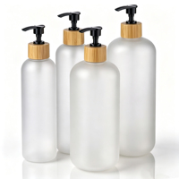 Bouteille de lotion en PET givré personnalisée de 300 ml et 500 ml avec col en bambou et pompe en PP noire pour hôtel, vente en gros, approvisionnement en vrac