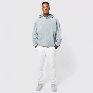 Ropa de calle Jerseys Boxy fit Hoodies Cropped 100% algodón Oversized Ripped Raw Hem Acid Wash Hoodies Sudaderas con capucha para hombre - Product Image 1