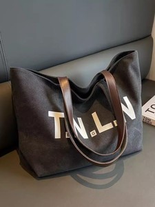 Eco Friendly Canvas Tote Bag with Leather Handle and Letter Print Reusable <b>Handbag</b> - Product Image 3