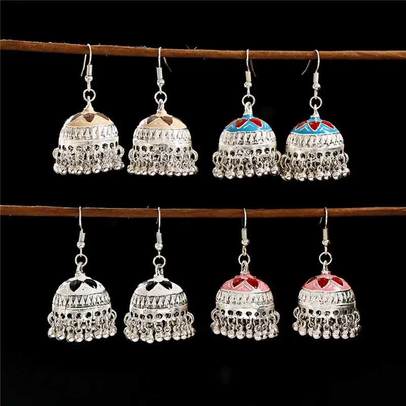 Bohemian Style Retro Antique Silver hat Dangle Drop Bollywood Jhumki Jhumka Earring Set Traditional Jewellery