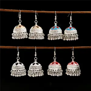 Conjunto de pendientes Jhumka de Bollywood, pendientes de estilo bohemio Retro de plata antigua, joyería tradicional