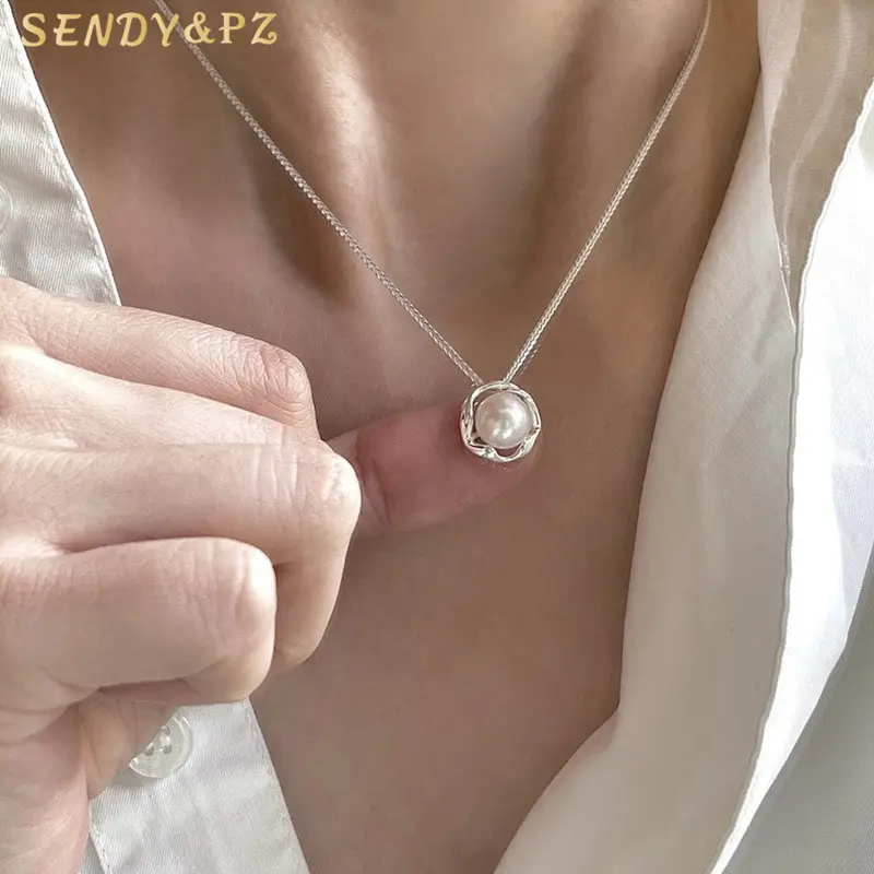 Français élégant dame femmes S925 argent Sterling perle pendentif collier géométrique rond tour de cou chaîne perles et bijoux