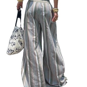Nuovi <span class=keywords><strong>Pantaloni</strong></span> Estivi da Donna a Gamba Larga a Righe, <span class=keywords><strong>Classici</strong></span> e Casual, <span class=keywords><strong>con</strong></span> <span class=keywords><strong>Vita</strong></span> Elastica e Chiusura <span class=keywords><strong>con</strong></span> Coulisse, Colore a Contrasto - Product Image 5