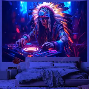 Bohème dessin animé personnage UV réactif Polyester tapisserie DJ musique Animal mur couverture Kawaii chambre décor à la maison décor de fête - Product Image 6