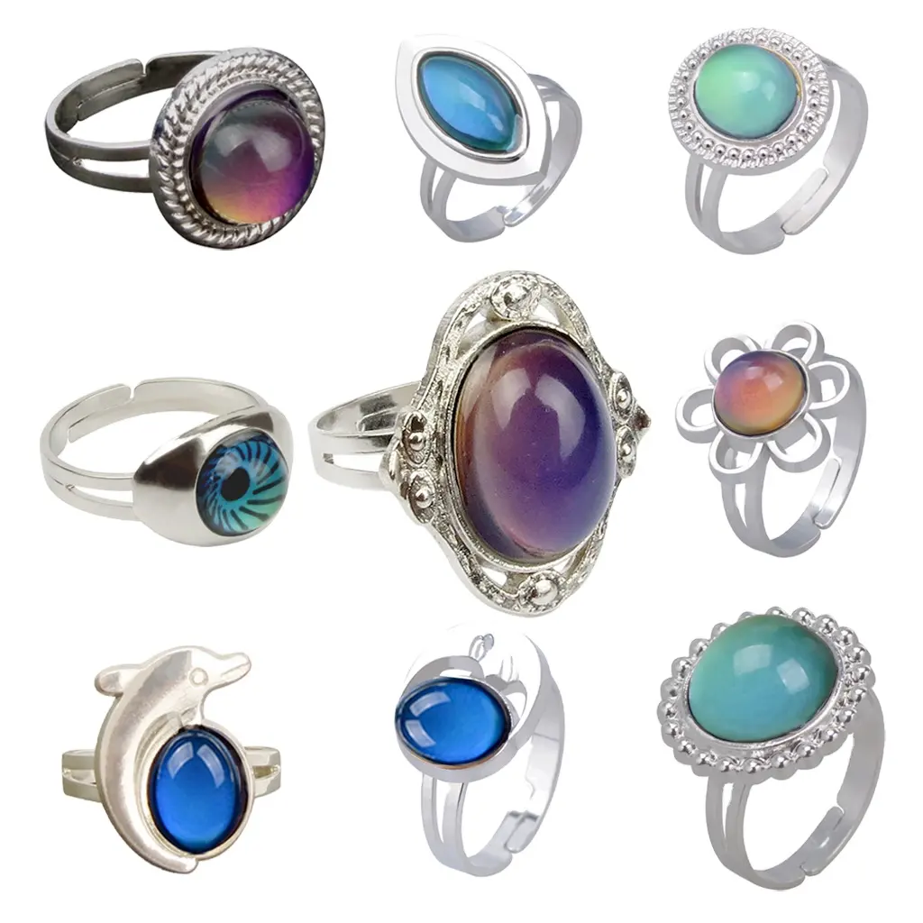 17MM Acrylic Gemstone Mood Rings Adjustable Hematite Ring Mood Ring Stone Jewelry Bulk