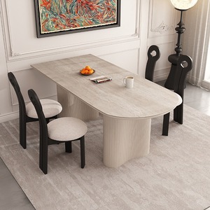 Pháp Retro rắn gỗ bàn ăn với giữa thế kỷ phong cách thiết kế hình bầu dục travertine Đá Bàn ghế cho căn hộ nhỏ - Product Image 2