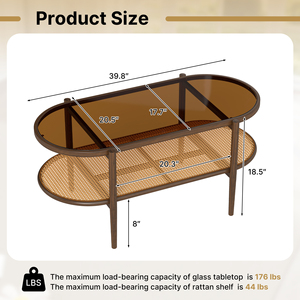 Table basse ovale en verre trempé avec étagère de rangement en rotin à 2 niveaux, cadre en métal imitation bois, table d'appoint pour salon - Product Image 6