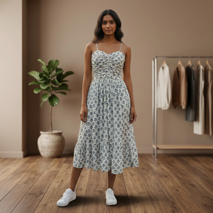 Robe midi à imprimé floral, bretelles spaghetti, col cœur, coupe trapèze, tissée, décontractée, respirante, pour femme, tenue quotidienne d'été - Product Image 1