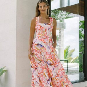 Robe longue d'été sans bretelles avec imprimé et laçage, coupe trapèze respirante pour les occasions festives - Product Image 1