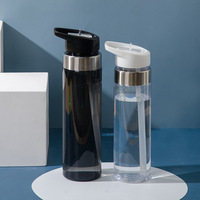 Bouteille d'eau en plastique sans BPA avec paille rabattable, gourde de voyage portable anti-fuite avec couvercle de transport