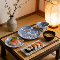 Service de vaisselle en grès peint à la main style japonais fleurs de cerisier pour mariage et restaurant, écologique, 6 pièces (assiettes et bols)