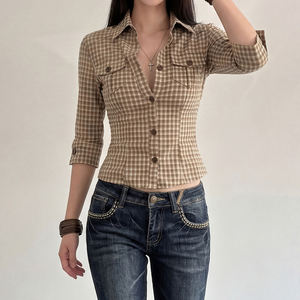 Camisa a cuadros de cintura ajustada para mujer, estilo casual de verano, manga 5/8, cuello con botones, estilo urbano - Product Image 3