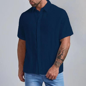 Camisa de Verano para Hombre, Casual, de Manga Corta, Cuello Clásico, Tejido Sólido, Antiarrugas, Mezcla de Algodón, Transpirable - Product Image 4