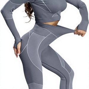 Conjunto de Yoga Gris Sólido Tallas Grandes Sin Costuras Impermeable Transpirable Top Corto Leggings Largos Cintura Alta Elástico en Cuatro Direcciones Contraste - Product Image 1