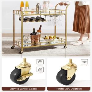 2-laags gouden barwagen met wielen, rek voor wijnglazen en flessen, woonkamer, eetkamer, keuken, trolley, eenvoudige montage met duwstang - Product Image 4