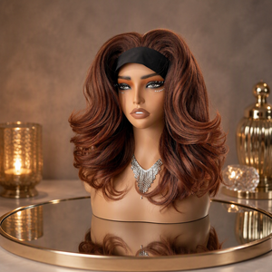 Parrucche sintetiche a strati con fascia, effetto Yaki ondulato, con frangia riccia # Parrucche MT6-30 Ombre Ginger Brown Auburn per Donne di Colore - Product Image 2