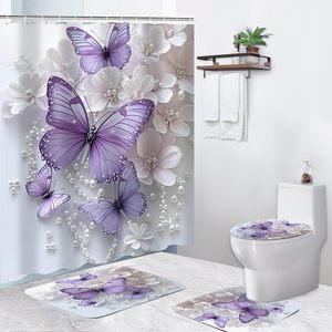 ชุดห้องน้ำไข่มุกผีเสื้อ4ชิ้นพร้อมพรมกันลื่นฝาปิดชักโครกชุดม่านและพรมสำหรับอาบน้ำ - Product Image 1