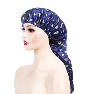Afrikanische Satin lange Motorhaube Leopard seidige Motorhaube Für Frauen benutzer definierte Gummiband Doppels chicht Satin Wende haube mit Logo - Product Image 4