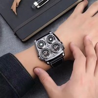 Jam Tangan Pria Oulm 1140 Dua Zona Waktu Gaya Fashion Ukuran Besar Jam Quartz Tali Kulit Asli Pria Jam Tangan Bercahaya
