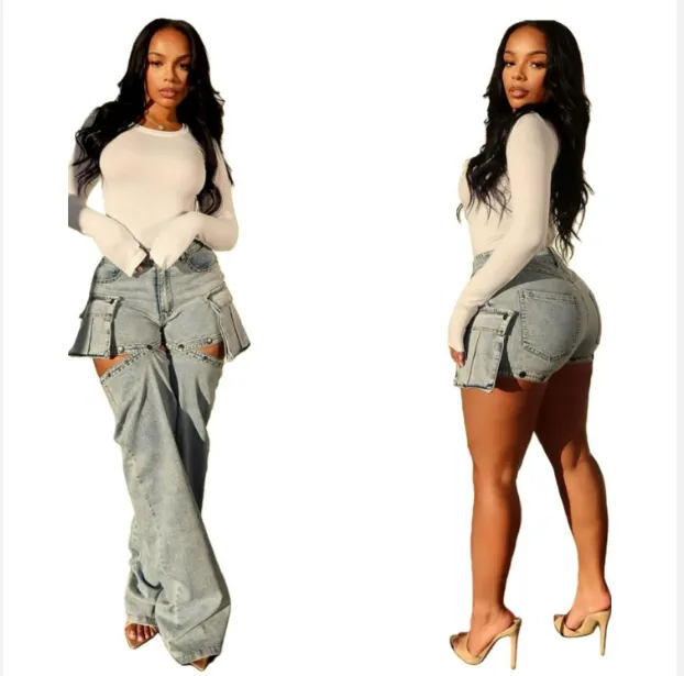 New product ready to ship boutique S-2XL fashion cargo denim women jeans trousers