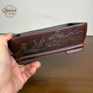 Piccolo Vaso Rettangolare per Bonsai in Ceramica <span class=keywords><strong>Viola</strong></span>, Vaso per Fiori Intagliato e Dipinto a Mano con Motivi Raffinati, Stile Vintage per <span class=keywords><strong>Giardino</strong></span> - Product Image 4