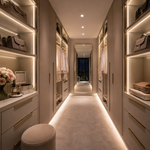Dressing moderne avec zone de suspension ouverte, rangements intégrés, tiroirs et meuble de toilette sur mesure pour projets de chambre à coucher - Product Image 1