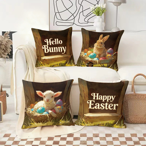 Coussins décoratifs « Hello Bunny Happy Easter » avec des lapins et des agneaux, des œufs colorés dans un décor festif de vacances - Product Image 2