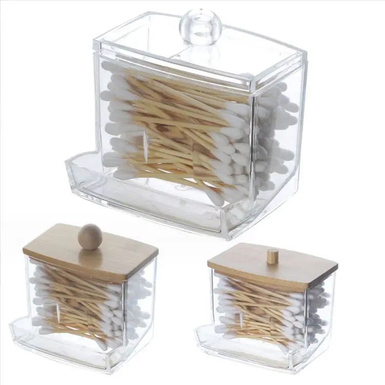 Transparent leaky cotton swab box storage bathroom jar acrylic bamboo cover storage box plastic makeup box