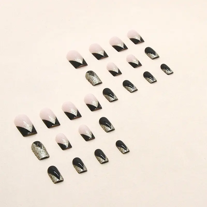 Square Press on Nails Medium French Tip Full Cover Stick on Nails Gold Glitter Design Artificial Nails for Women Girls Manicure