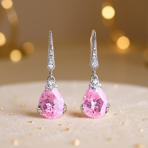 E1801 Orecchini Pendenti in Cristallo Rosa, Argento 925 con Montatura a Goccia, Gioielli Classici da Sposa per Donna - Product Image 2