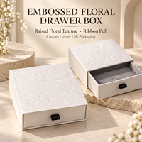 Boîte cadeau rigide personnalisée blanche à motif floral en relief avec couvercle et base pour invitations de mariage, souvenirs de mariée et papeterie de boutique