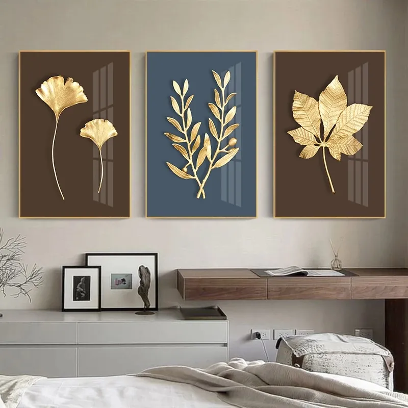 Abstract Plant Flower Poster Luxurious Golden Leaves Wall Art Prints Home Living Room Wall Decor Picture Painting