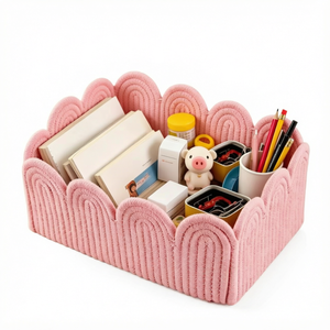 Panier de rangement en corde rose, bac de rangement rectangulaire, bord festonné, support multifonctionnel pour cosmétiques, jouets, articles divers - Product Image 1