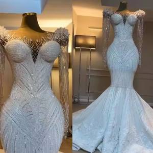 <span class=keywords><strong>2025</strong></span> Afrikaanse Luxe Custom Kralen Kanten Trouwjurk Kristal & Arabische Parels Zeemeermin Jurk Lange Mouw 3d Bloementrein Bruids - Product Image 1