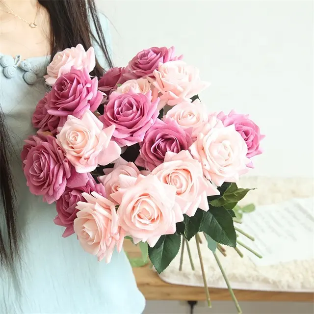 Haute Qualité Unique Soie Artificielle Real Touch Latex Enduit Faux Blanc Rose Rose Fleurs Pour La Fête De Mariage Anniversaire Décoratif