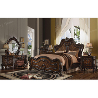 Ensemble de chambre à coucher royal de luxe américain traditionnel avec lit royal en bois massif sculpté, coiffeuse et tabouret
