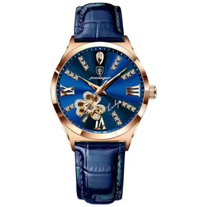 Montre squelette de luxe pour femme en or rose, bracelet en cuir, cadran fleuri élégant, montre-bracelet à quartz pour femme, cadeau - Product Image 4