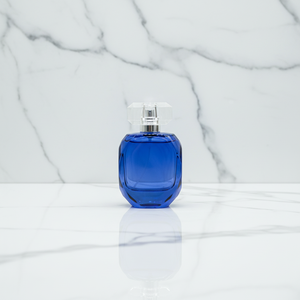 EP ขวดน้ำหอมแก้วแบบแบนขนาด50มล. ดีไซน์พิเศษสีน้ำเงินและดำพร้อมปั๊มพ่นและฝาโปร่งใส - Product Image 3