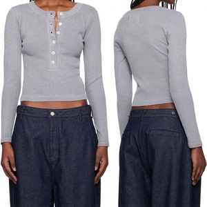 T-shirts Henley en coton extensible à col rond basique pour femmes, t-shirts Henley en jersey côtelé à manches longues sexy pour femmes - Product Image 6