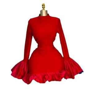 Abito a vita alta da donna con collo alto, <span class=keywords><strong>rosso</strong></span>, <span class=keywords><strong>midi</strong></span>, con volant, sexy e chic, per feste primaverili - Product Image 5