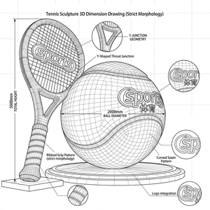 Sculpture géante sur le thème de la raquette et de la balle de tennis en acier inoxydable avec logo personnalisé OEM pour centre commercial, parc sportif, club, aménagement paysager - Product Image 4