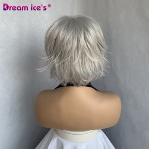 Perruque courte en cheveux synthétiques ondulés lisses gris clair blond, <span class=keywords><strong>coupe</strong></span> pixie, sans <span class=keywords><strong>frange</strong></span>, sans dentelle, pour femmes, en couches, résistante à la chaleur - Product Image 6