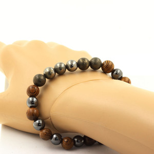 Pyrite from Spain + Hematite + wood 8 mm <b>beads</b> <b>Bracelet</b>. Made in France - Product Image 2