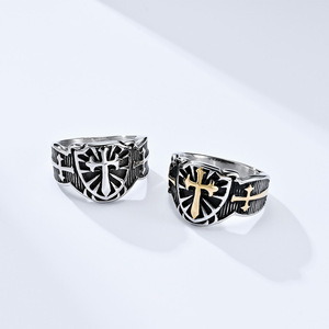 Shield Cross <b>Titanium</b> Steel <b>Ring</b> For <b>Men</b> Stainless Steel Jewelry Gift Band With Gold Accent Design - Product Image 1