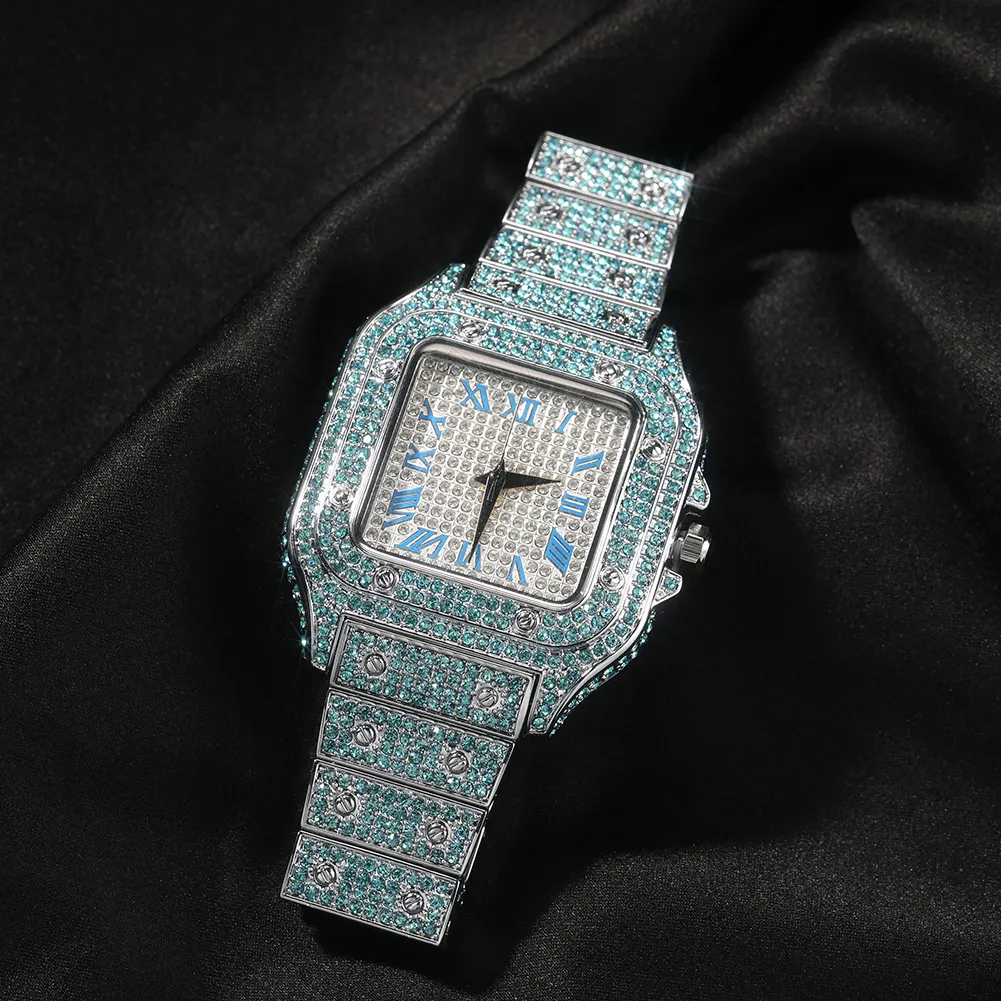 2022 New Bling Bling Full Pink Blue Diamonds Square Shape Watches Luxury Watch Women Man Rapper Watches